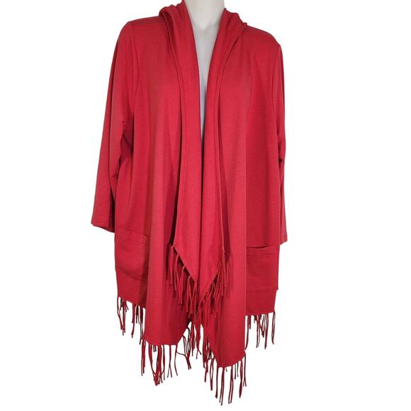 Chicos Zenergy Women’s Sweater Open Cardigan Hooded 3/4 Sleeve Fringe Red Large - Picture 1 of 10